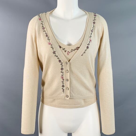 BLUMARINE Size 6 Beige Multi Color Rayon Cashmere Blend Beaded Cardigan Set - Picture 1 of 9